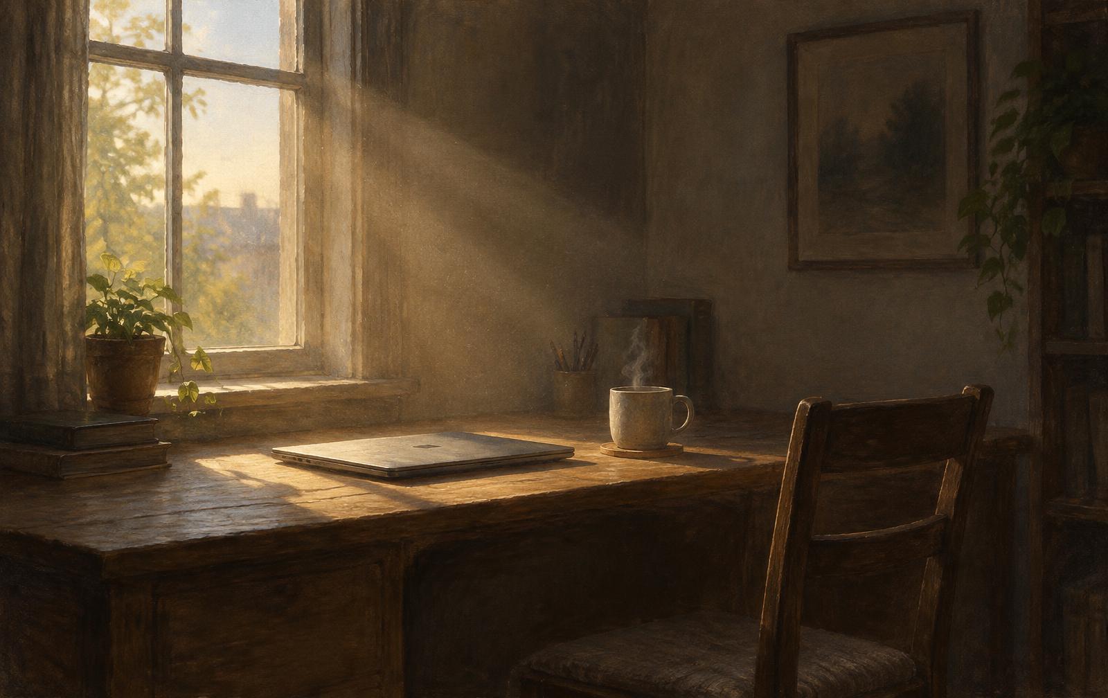 La même pièce au matin : soleil, écran fermé, tasse fumante et chaise vide.